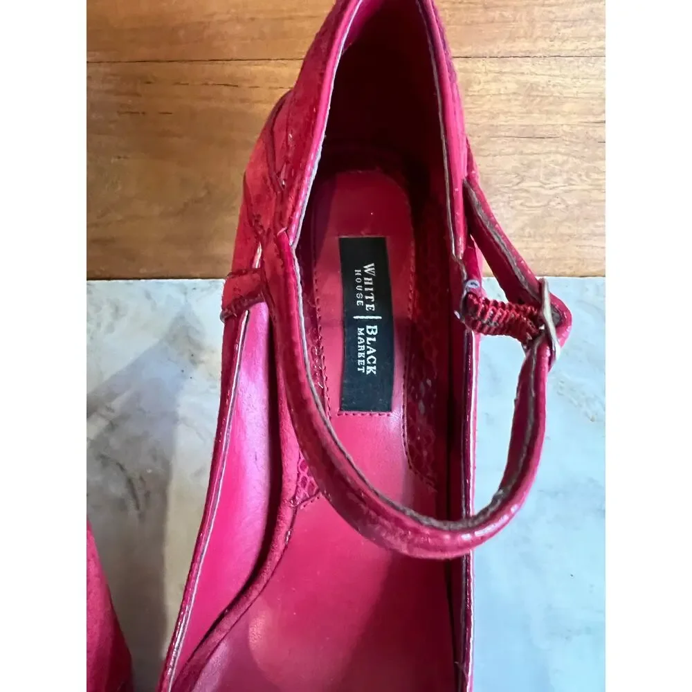 White House Black Market WHBM Red Suede Platform Open Toe Heels 7.5